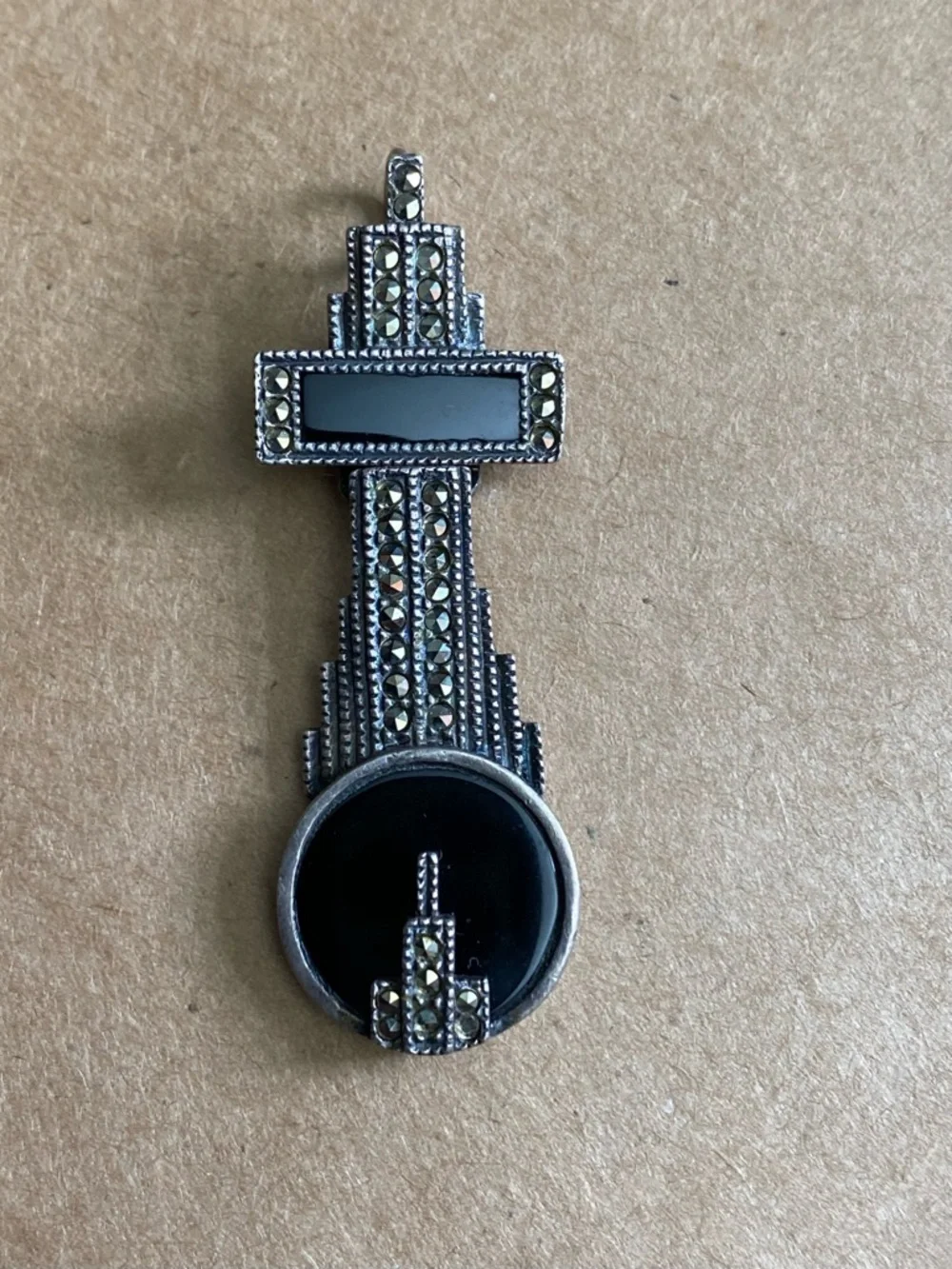 Vintage Art Deco Sterling Silver Black Onyx & Marcasite cross Pendant 925 - Picture 3 of 8